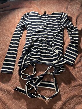 J. Crew Navy and White Striped Top with Wrap Detail